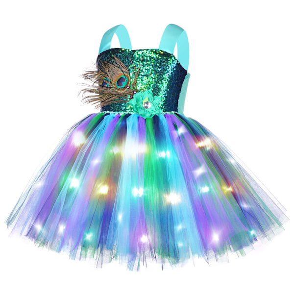 Piges Peacock Kostume Sæt med LED Lysende Peacock Tutu Kjole L
