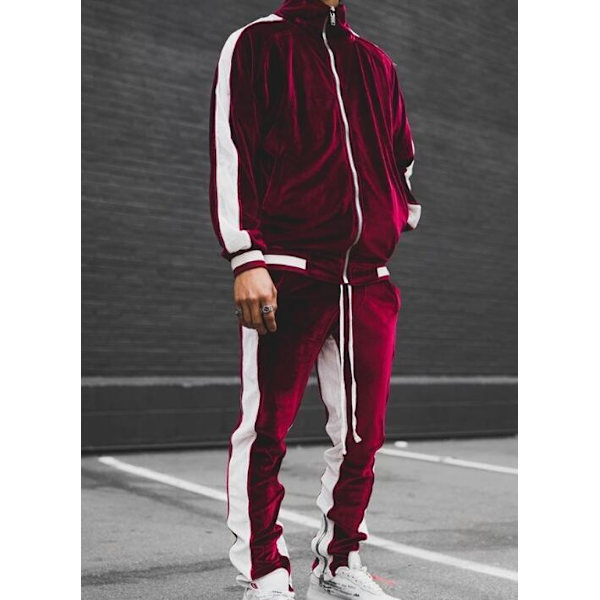 Herrar Gyllene Sammet Clash Färg Sport Casual Suit Red M