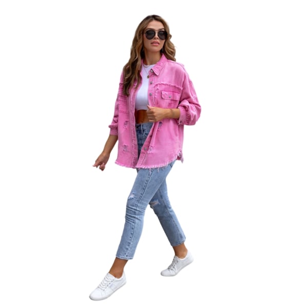 Kvinnors långärmad jeansjacka med rippad casual lapeljacka Pink S