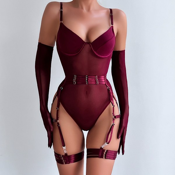Sexy Lingerisett for Kvinner med Hansker, Blonder Body Red S