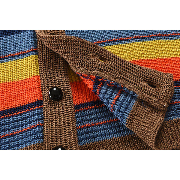 Herrar Casual Knapp-Ner Cardigan Tröja Retro Färgblock Randig Tröja M