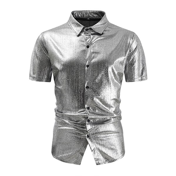 Metallic kortärmad skjorta för män, discoklubb, fest T-shirts Silver 2XL