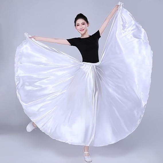 Dam Satin Full Cirkel Ankellång Swing Lång Kjol Magdansdräkt White 85cm