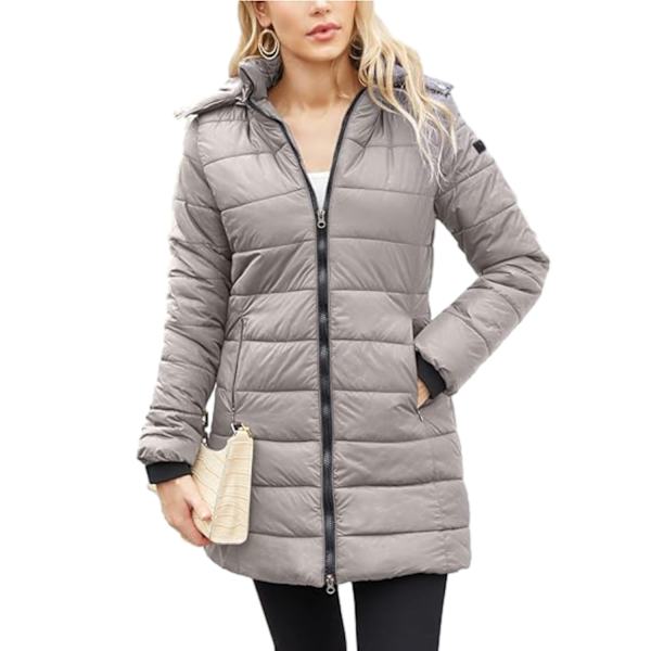 Dame Lang Pufferjakke med Hætte - Letvægts og Varmt Thermolite Gray XL