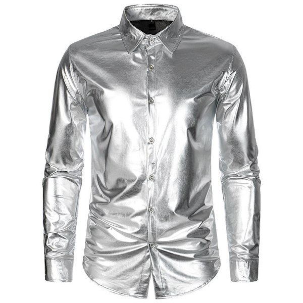 Miesten Luksus Kiiltävä Silkkimainen Satiini Napitettu Pukeutumispaita Silver XL