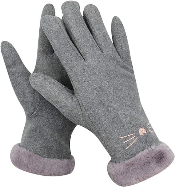Dame Suede Handsker Søde Kat Fleeceforet Varme Handsker Grey