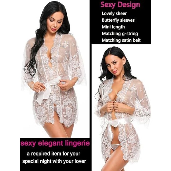 Dame Lace Kimono Robe Babydoll Lingeri Mesh Natskjorte White L