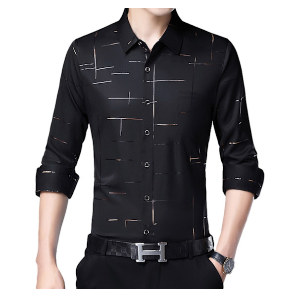 Mænds Trykt Lapel Business Casual Langærmet Skjorte Black M