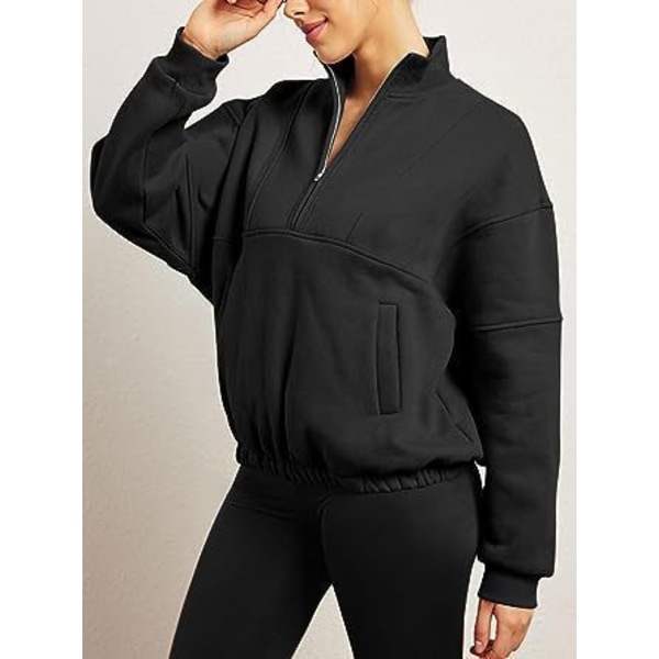 Dame Langærmet Lapel Halv Zip Up Sweatshirt Black 2XL