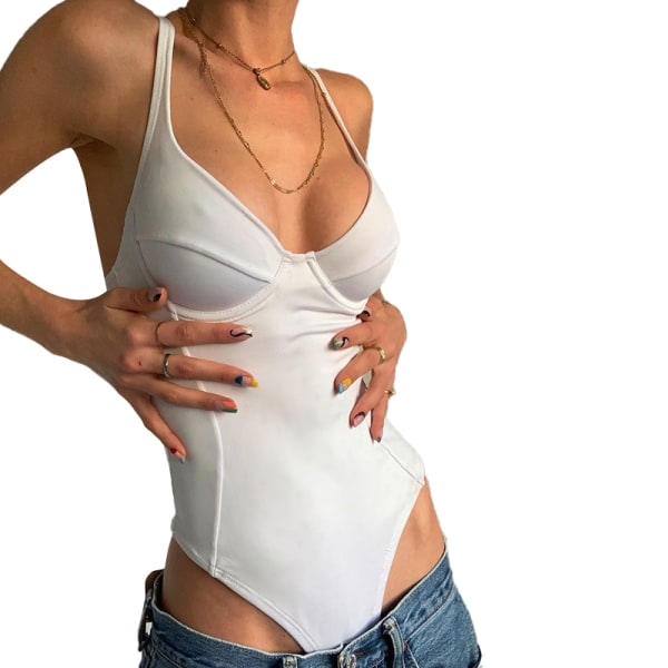 Bodysuit för kvinnor, Deep V-neck Shapewear Bodysuit Backless white S