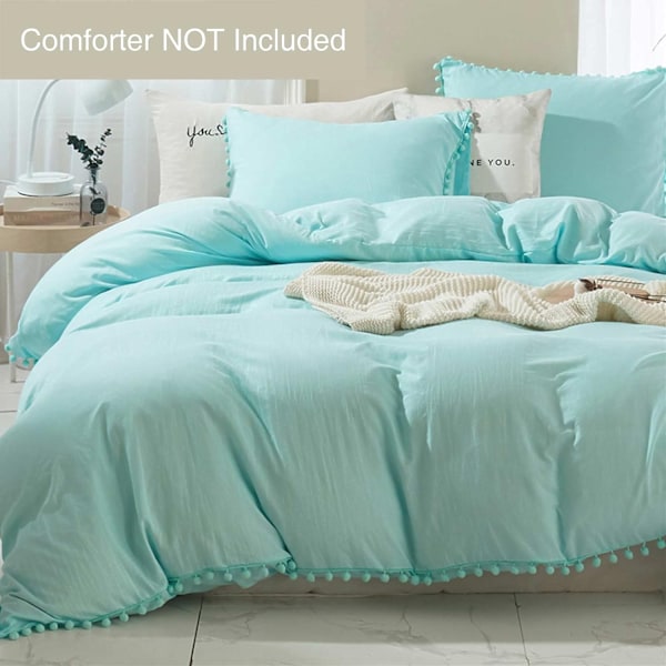 Bomullsöverdrag med Pompom- fransar, 3-delat Bohemiskt Mikrofiberset Blue Twin-168*228cm