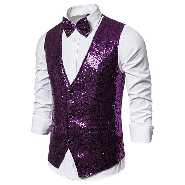 Mænds Skinnende Sequin Vest V-Hals Regular-Fit Festkjole Suit Waistcoat Butterfly 2 Dele Black M