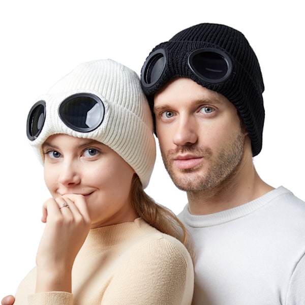 Unisex Goggle Stickad Mössa Vindtät Cap white