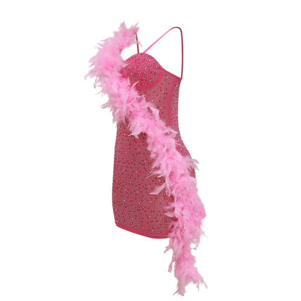 Sexy Mesh Rhinestone Kjole til Kvinder med Hot Drilling Pink XL