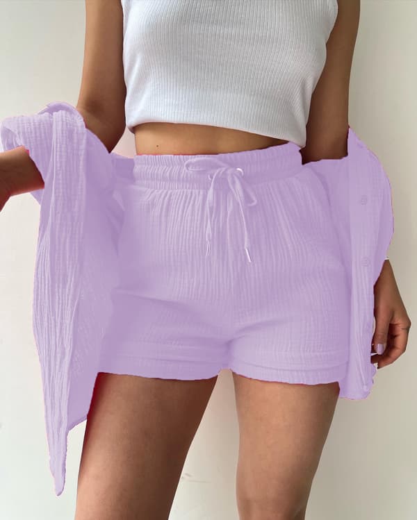Dam 2-delad byxa set Linne Shirtort set Light Purple S