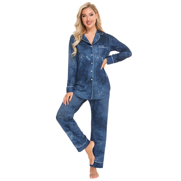 Pyjamas Set för Kvinnor, Långärmad, Knappar, Nattkläder, Bomull, Pj-Set Blue S