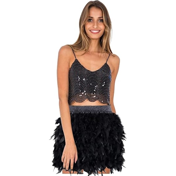 Dame Sexy Naturlig Fjærskjørt Mote Kort Mini A-linje Fjærbelagt Tutu Skjørt Black XL