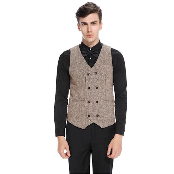 Slim Fit ärmlös kostymväst för män Dubbelknäppt affärsklänning väst khaki M