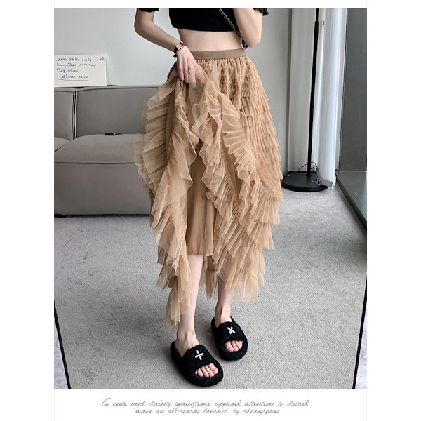 Dame Multilayer Ruffles Tulle Skjørt Højtaljet Skjørt Apricot M