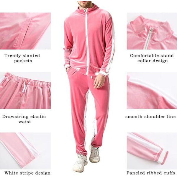 Mænds 2-delt fuld lynlås Tracksuits Fløjl Sportsdragter pink M