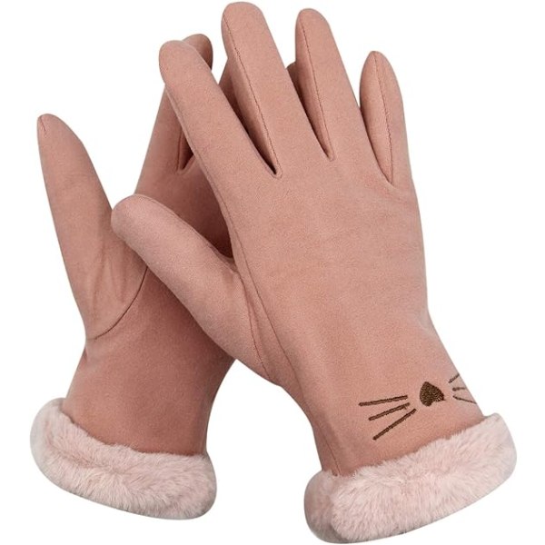 Dam Suedehandskar Söta Katt Fleecefodrade Varma Handskar Pink