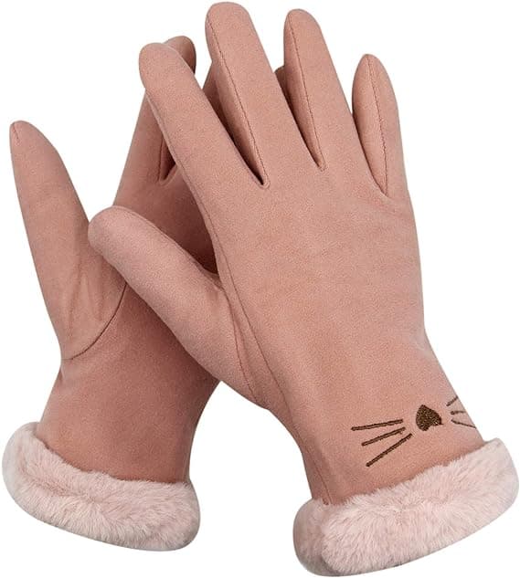 Dame Suede Handsker Søde Kat Fleeceforet Varme Handsker Pink