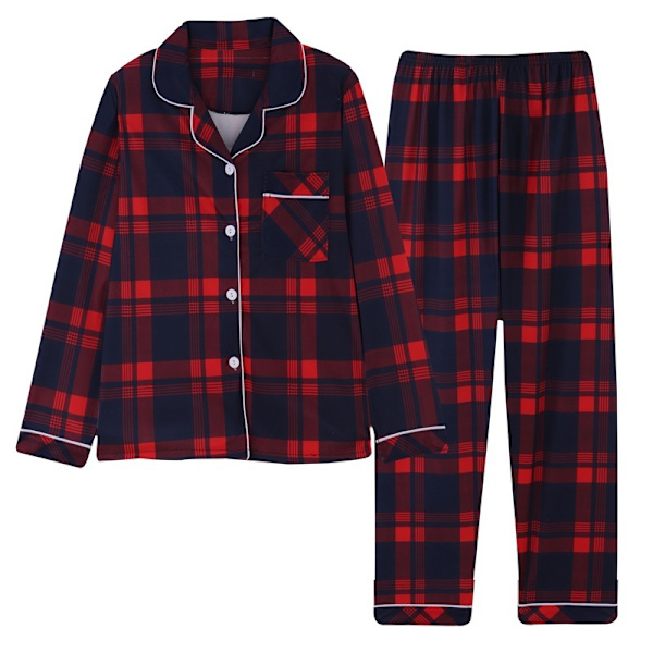 Mjukt Silke Långärmad Dam Plaid Skjorta Pyjamas Red M