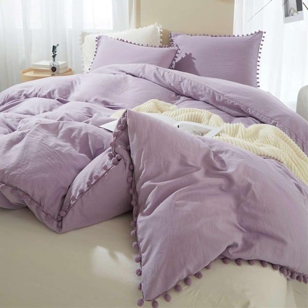 Bomullsöverdrag med Pompom- fransar, 3-delat Bohemiskt Mikrofiberset Purple Full-200*228cm