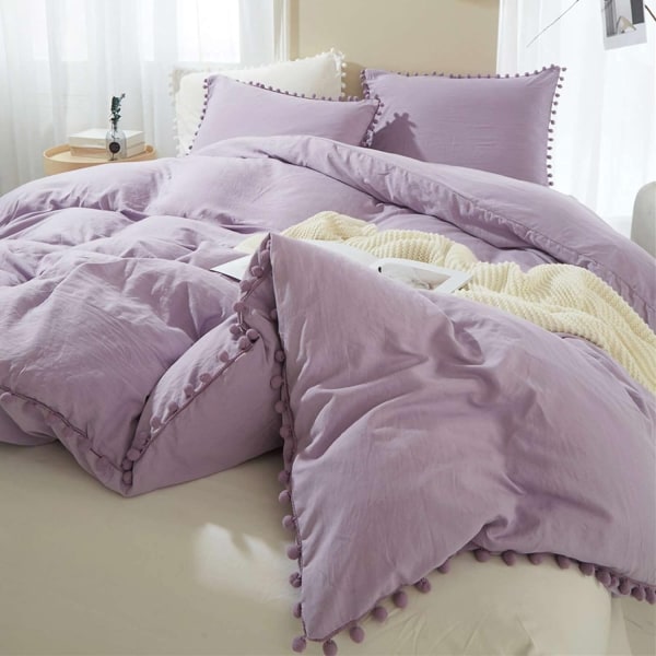 Pom Pom -reunallinen peittosetti 3 osaa, boheemi mikrokuitu Purple Full-200*228cm