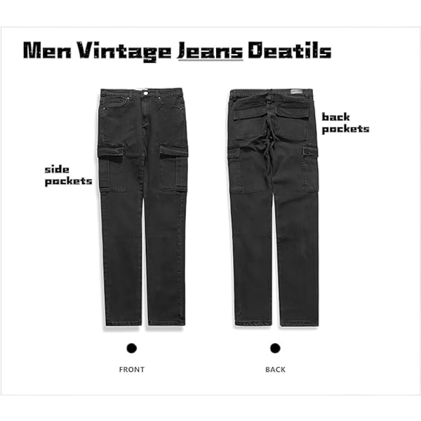 Slim Fit Jeans för män 7 fickor Stretch Skinny Denim Pencil Byxor Black 2XL