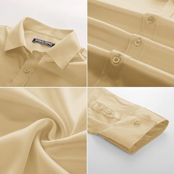 Långärmade klänningskjortor i sidensatin för män Glänsande Casual Button Down-skjorta Gold S