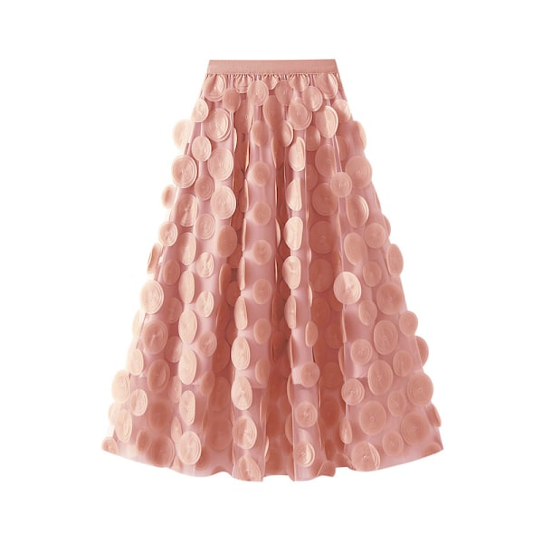 Dame Tyll Midi Skjørt 3D Polkadot Mesh Skjørt A-Linje Pink