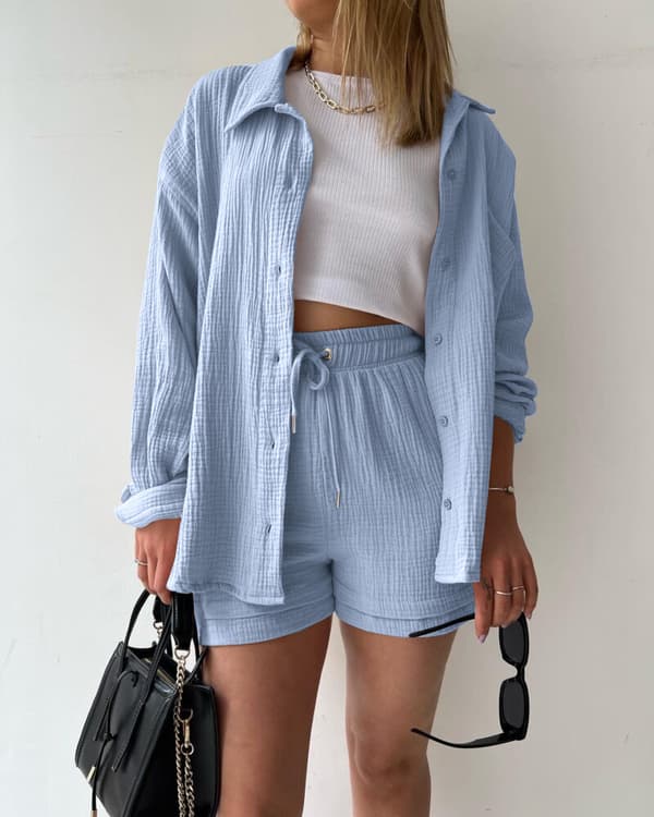 Dam 2-delad byxa set Linne Shirtort set Light Blue S