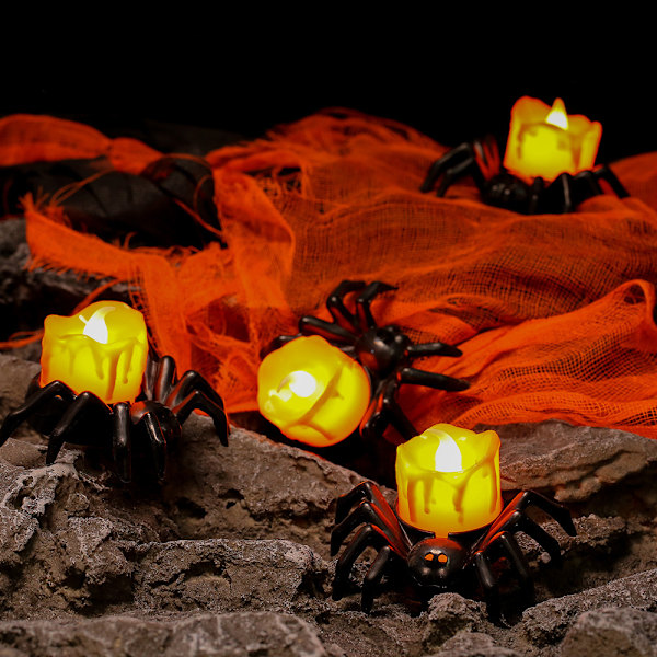 Uhæggelige edderkoppe fyrfadslys falske stearinlys til Halloween festdekorationer 4 Pcs