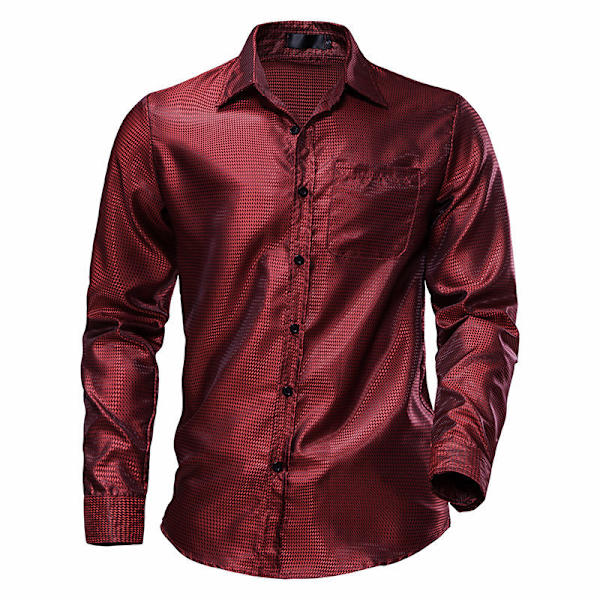 Menn's Glossy Lomme Langærmet Lapel Trykket Skjorte Red M