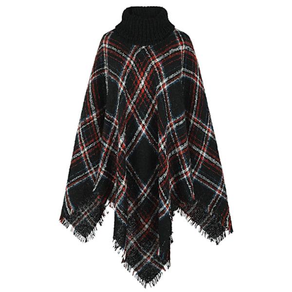 Turtleneck Frayed Trim Rutig Poncho-tröja black
