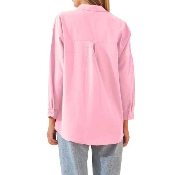 Enfärgad långärmad bomullsskjorta för kvinnor Pink XL