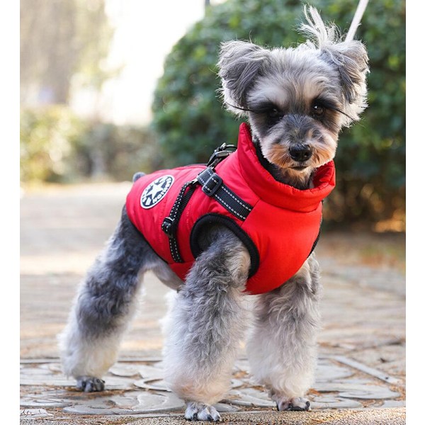 Hundevinterjakke med Sele, Vandafvisende Hundejakke med Lynlås og Fleece Red M