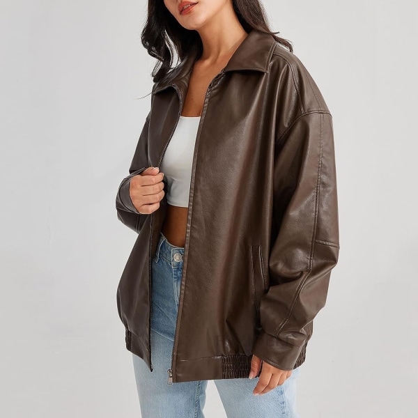 Oversized Jakke for Kvinner, Kunstlær Motorsykkel Plus Size Moto Biker Jakke Brown XL