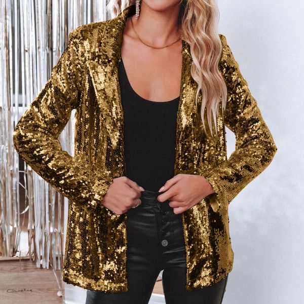 Kvinnors Sekvensbluse Glitter Glimrande Öppen Fram Casual Långärmad Blazer Kavaj Gold M