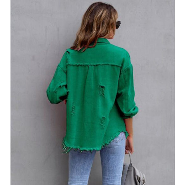 Mid-længde Hul Løstsiddende Denimjakke Kvinde Green M