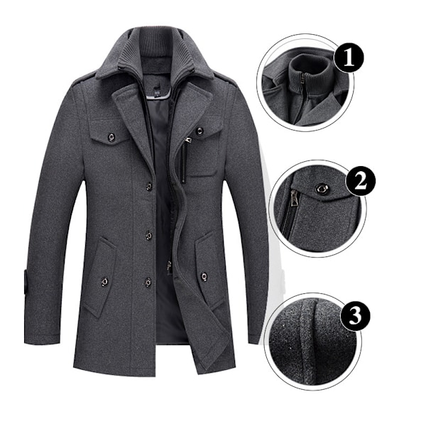 Enkelknäppt Military Peacoat i ull för män grey L