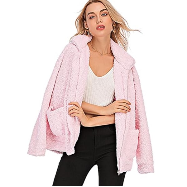 Dame Faux Fur Jakke Shaggy Jakke Vinter Fleece Frakke Pink 2XL