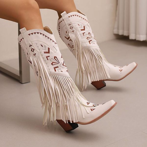 Naisten Cowboy-saappaat Polven Korkuiset Franssit Saappaat Tupsu Western Saappaat White 41