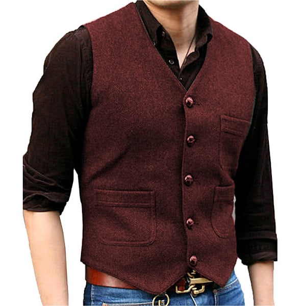 Herrar Vintage Tweed Väst V-ringad Casual Ull Väst Wine Red XS