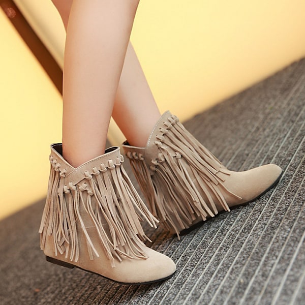 Fringe Cowboy Cowgirl Stövlar för Dam Spetsig Tå Dra På Klänning Western Ankelboots Beige 40