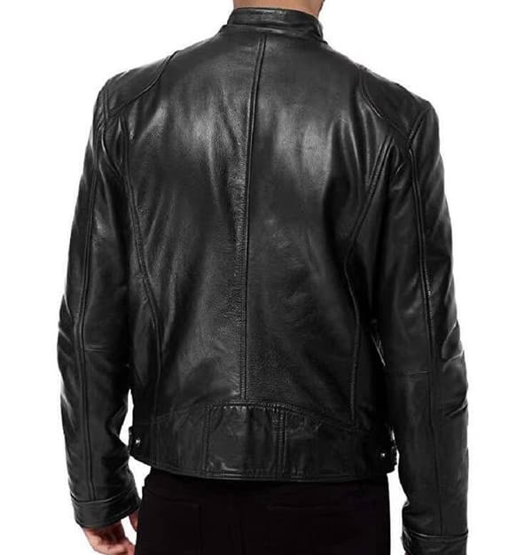 HERRER Slim Fit Stående Krage Lærjakke Black M