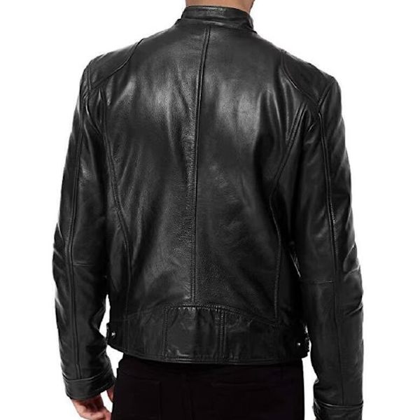 Mænds Slim Fit Stand Collar Læderjakke Black M