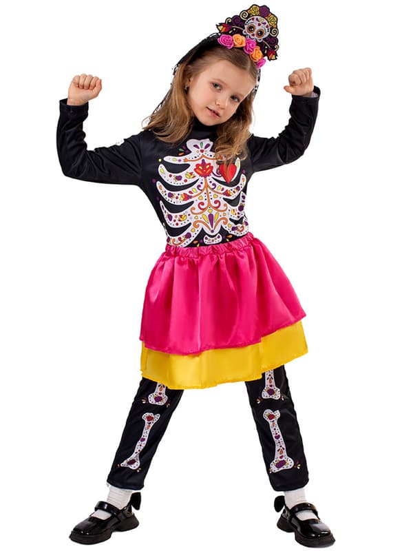Flickor Skelett Blomma Halloween Kostym Jumpsuit M