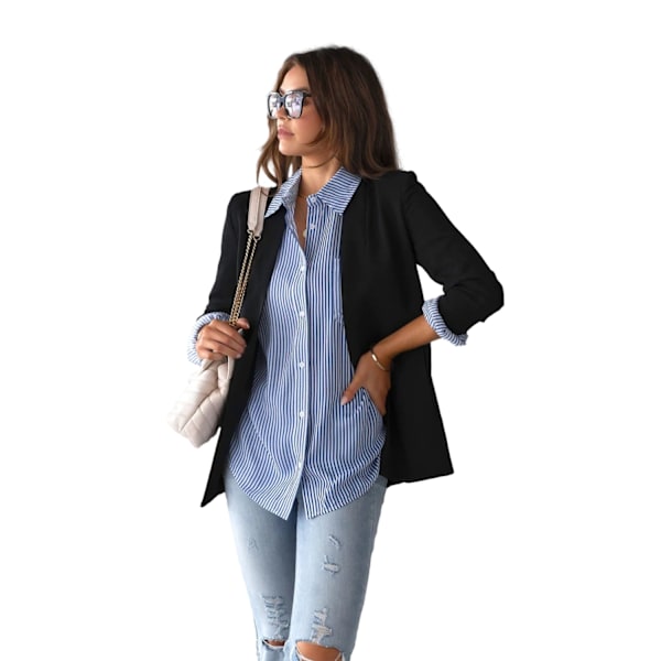Dame Cardigan i Bomuld med Striber, Langærmet og Lapel Blue M